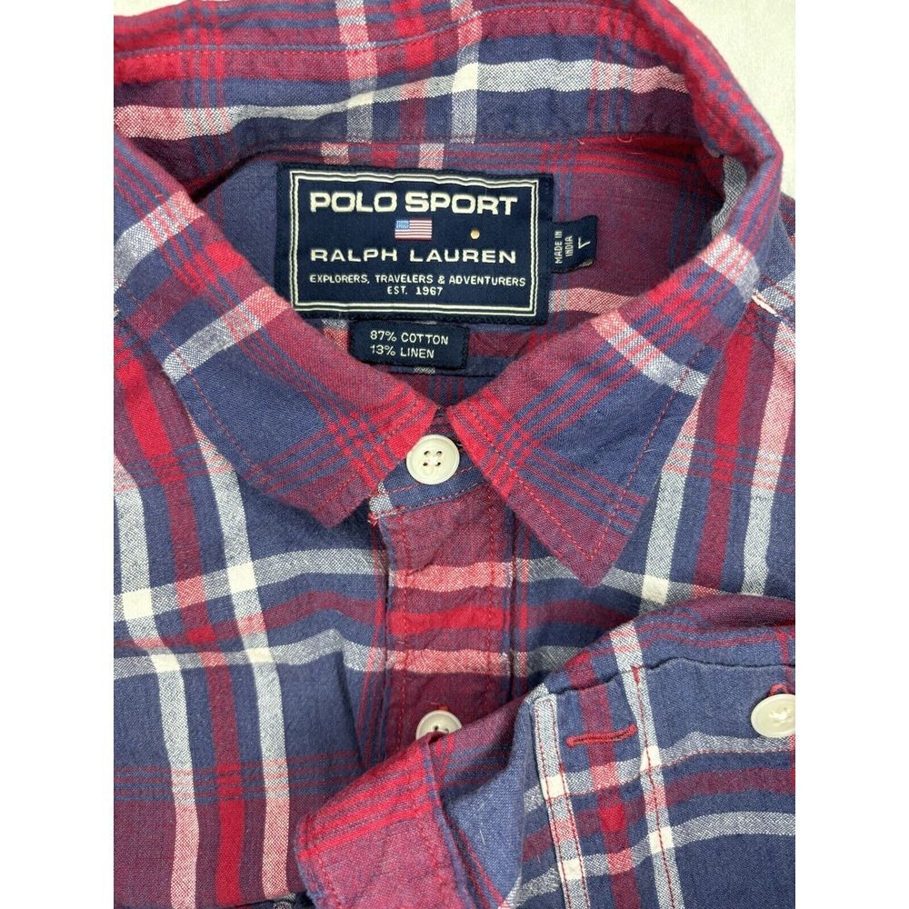 Polo‎ Sport Ralph Lauren Vintage Linen Blend  Shirt Men Large Red/Blue Plaid